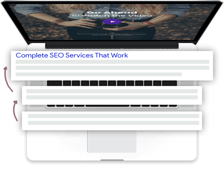 laptop with seo banners - seo services graphic